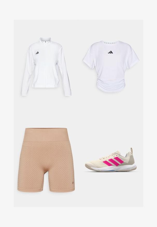 adidas Performance ADIZERO ESSENTIALS - Running jacket - white; White short-sleeve T-shirt with a round neckline, featuring a black Adidas logo on the upper chest and a gathered texture at the waist.; Even&Odd active MID RISE SEAMLESS CYCLING SHORTS WITH RIBBED WAISTBAND
- Leggings - dark brown; Beige athletic shoe with pink three-stripe logo, textured mesh upper, padded collar, and white rubber sole, featuring "LIGHTSTRIKE" branding.