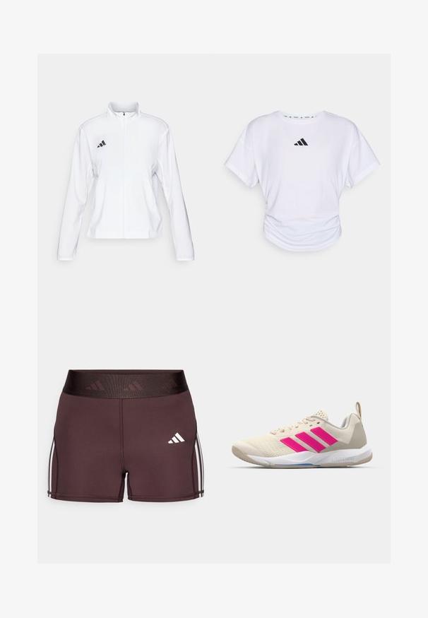 adidas Performance ADIZERO ESSENTIALS - Juoksutakki - white; Valkoinen lyhythihainen T-paita pyöreällä kaula-aukolla, jossa on musta Adidas-logo ylärinnassa ja kokoontuva rakenne vyötäröllä.; Bordeaux urheilusortsit, joissa on korkea vyötärö, logolla ja valkoisilla sivuilla. Valmistettu sileästä, joustavasta kankaasta mukavuutta varten.; Beige urheilujalkine, jossa on vaaleanpunainen kolmonen-striippi-logo, teksturoitu verkko-yläosa, pehmustettu kaulus ja valkoinen kumipohja, jossa on "LIGHTSTRIKE" -brändäys.