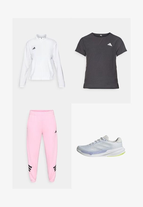 adidas Performance ADIZERO ESSENTIALS - Running jacket - white; Short-sleeve athletic t-shirt, dark gray with perforated texture. Features a white logo and contrasting side stripes. Rounded neckline.; Pink jogging pants with a tapered leg design, elastic waistband, and black striped accents on the lower sides. Made from soft fabric.; White athletic shoe with a breathable mesh upper, textured design, and lavender accent. Features a cushioned sole with green outsole details.