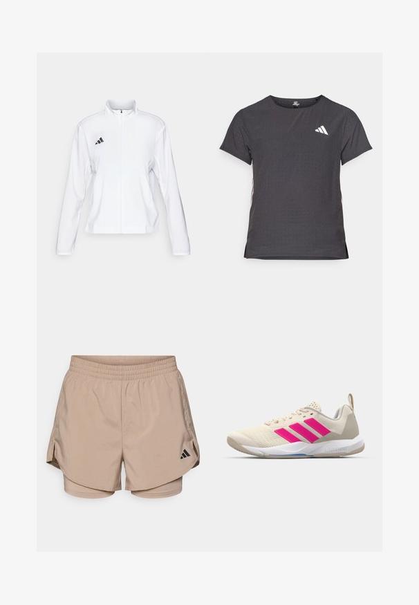 adidas Performance ADIZERO ESSENTIALS - Running jacket - white; Short-sleeve athletic t-shirt, dark gray with perforated texture. Features a white logo and contrasting side stripes. Rounded neckline.; Beige athletic shorts with a waistband, featuring side slits and inner shorts. Black Adidas logo on the lower left side. Smooth fabric texture.; Beige athletic shoe with pink three-stripe logo, textured mesh upper, padded collar, and white rubber sole, featuring "LIGHTSTRIKE" branding.