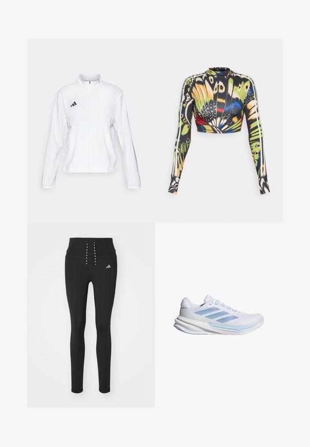 adidas Performance ADIZERO ESSENTIALS - Running jacket - white; Long-sleeve crop top in a multicolored butterfly pattern with black, green, yellow, and blue hues; features white side stripes and slim fit.; Black athletic leggings with high waistband, featuring stylish lace-up detail and subtle logo on the side. Smooth, stretchy fabric.; White running shoes with light blue accents, breathable mesh upper, three-stripe design, cushioned sole, and textured traction outsole.