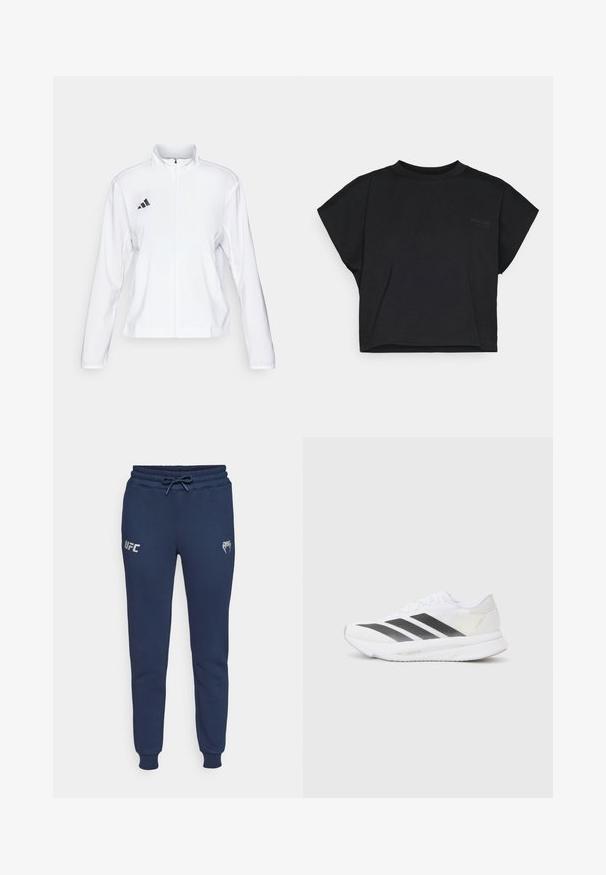 adidas Performance ADIZERO ESSENTIALS - Juoksutakki - white; Musta lyhythihainen crop-top paita, joka on valmistettu pehmeästä puuvillasta. Paidan kauluksessa on pyöreä leikkaus ja siinä on hillitty logo edessä.; Navy blue-huoneet valmistettuna pehmeästä kankaasta, jossa on kiristettävä vyötärö, ribbikujat ja painettu UFC-logo vasemmalla puolella.; Valkoinen urheilukenkä, jossa on mustat viistot raidat, verkkosukka, pyöreä kärki ja teksturoitu pohja. Koristeina ovat hopeinen kantapää ja minimalistinen muotoilu.