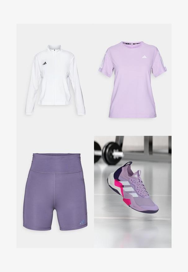 adidas Performance ADIZERO ESSENTIALS - Running jacket - white; Lilac short-sleeve athletic shirt made of breathable fabric, featuring a round neckline, textured surface, and three white stripes on the shoulders.; Purple athletic shorts with a high waistband, smooth texture, and contrasting blue logo on the lower left. Features flatlock seams.; Purple athletic shoe with mesh upper, white stripes, pink and black accents, padded collar, and a textured sole, designed for performance.