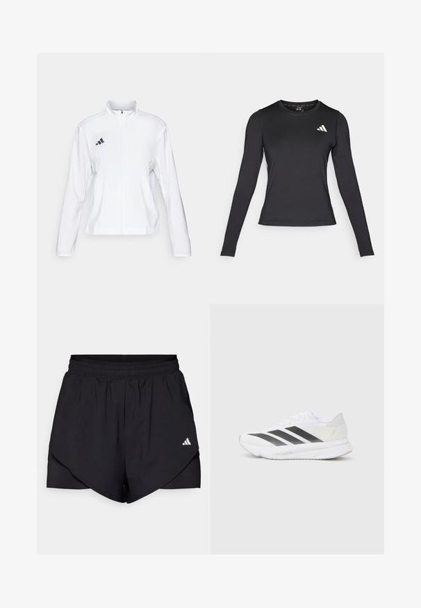 adidas Performance ADIZERO ESSENTIALS - Running jacket - white; Black long-sleeve athletic shirt made of smooth, stretchy material. Features a white logo on the chest. Fitted design with round neckline.; Black athletic shorts with a layered design, made of lightweight fabric. Features an elastic waistband and a small white logo on the side.; White athletic shoe with black diagonal stripes, mesh upper, rounded toe, and textured sole. Accents include a silver heel and minimalistic design.