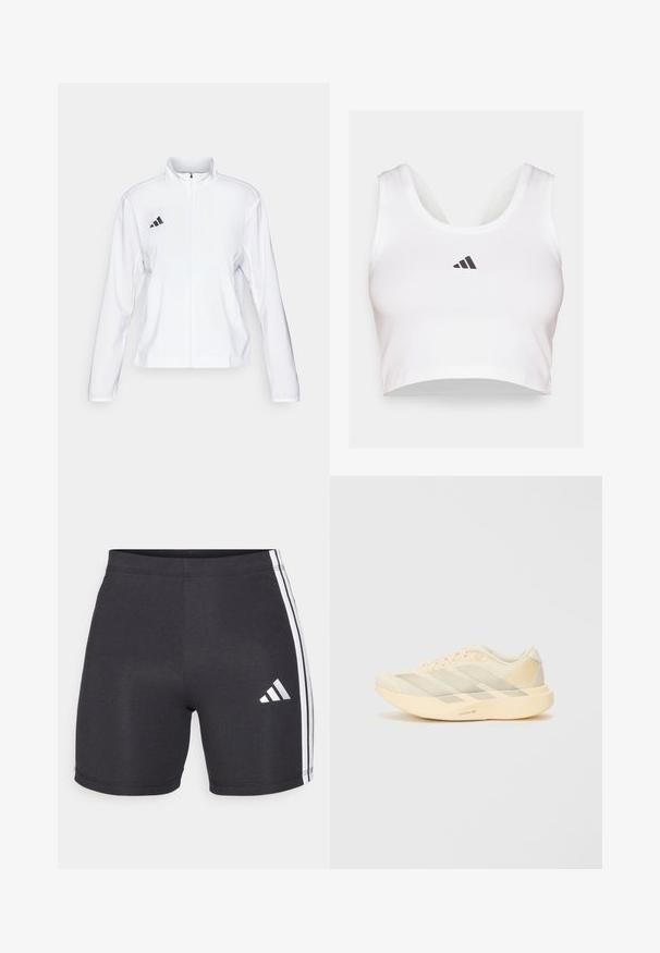adidas Performance ADIZERO ESSENTIALS - Juoksutakki - white; Valkoinen crop-top pehmeästä kankaasta, jossa on pyöreä kaula-aukko ja musta Adidas-logo edessä. Sileä rakenne, hihaton muotoilu.; Mustat urheilushortsit joustavaan kangasta, joissa on valkoiset sivuviivat ja Adidas-logo oikean alahousun kohdalla. Sileä tekstuuri.; Kevyt urheilukengät vaaleankeltaisina ja kermassa, joissa on teksturoitu verkko-osa, kolme viistoa raitaa ja paksu ulkopohja, jossa on "LIGHTSTRIKE PRO" -merkintä.