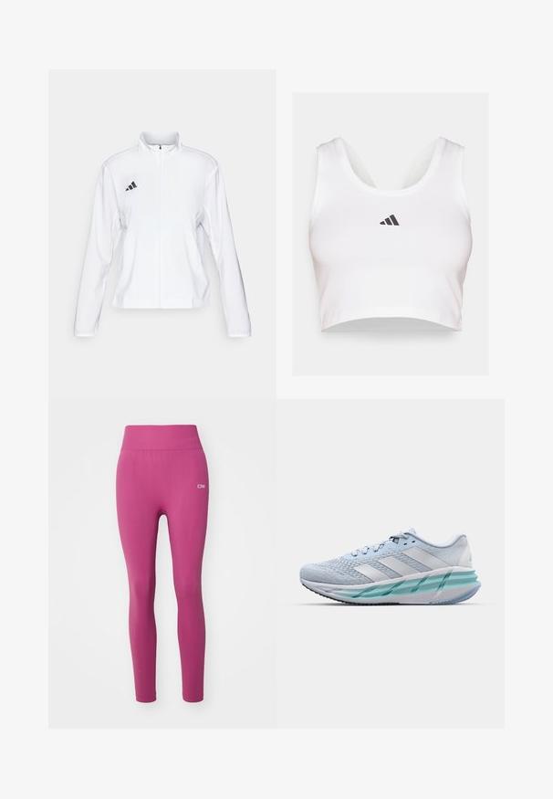 adidas Performance ADIZERO ESSENTIALS - Veste de running - white; Crop top blanc en tissu doux, avec un col rond et un logo Adidas noir à l'avant. Texture lisse, design sans manches.; Leggings ajustés taille haute en tissu rose vif. Présente une texture lisse, des coutures renforcées et un petit logo blanc sur la ceinture.; Baskets de sport bleu clair avec un dessus en tricot texturé, des accents blancs et une semelle intermédiaire transparente verte. Bout arrondi et col rembourré.