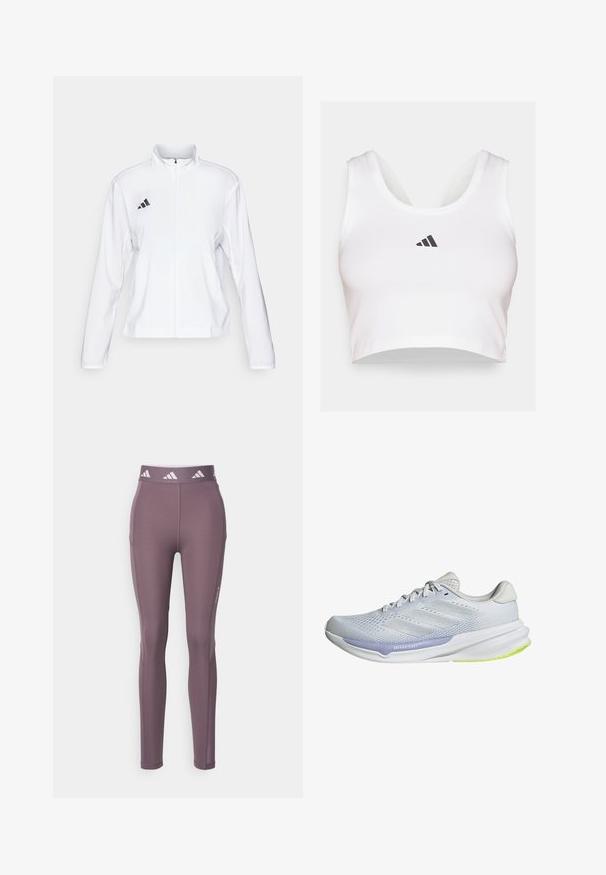 adidas Performance ADIZERO ESSENTIALS - Laufjacke - white; Weißes Crop-Top aus weichem Stoff, mit rundem Ausschnitt und schwarzem Adidas-Logo auf der Vorderseite. Glatte Textur, ärmelloses Design.; Lila Sportleggings aus dehnbarem Stoff, mit einem hohen Taillenbund, der Logo-Akzente und seitliche Nähte für eine schlanke Passform aufweist.; Weiße Sportschuhe mit einem atmungsaktiven Mesh-Obermaterial, strukturiertem Design und lavendelfarbenen Akzenten. Die Schuhe verfügen über eine gepolsterte Sohle mit grünen Außensohlen-Details.