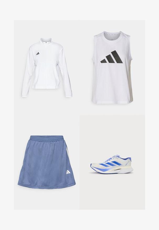 adidas Performance ADIZERO ESSENTIALS - Jachetă sport - white; Top athletic alb fără mâneci, cu decolteu rotund, având un mare logo Adidas negru, format din trei benzi, pe față.; Fustă sport albastră cu un model texturat, talie elastică și un logo alb Adidas în partea dreaptă jos.; Pantof de alergare ușor, din plasă albă cu accente albastre. Caracteristici un design elegant, talpă căptușită și trei dungi diagonale albastre pe lateral.