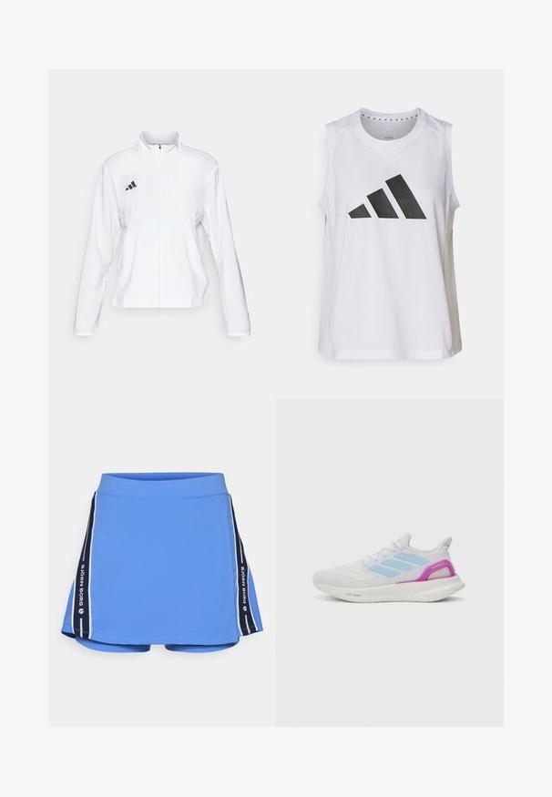 adidas Performance ADIZERO ESSENTIALS - Sportdzseki - white; Fehér ujjatlan sportpóló kerek nyakkivágással, amelyen elöl egy nagy fekete Adidas-logo található, amely három csíkból áll.; Kék sport szoknya sima textúrával, széles derékrésszel és térkék oldalsó panelek fehér csíkokkal. Márkavadász részletezéssel rendelkezik.; adidas Performance PUREBOOST 5 - Utcai futócipők - white/glow blue/purple burst