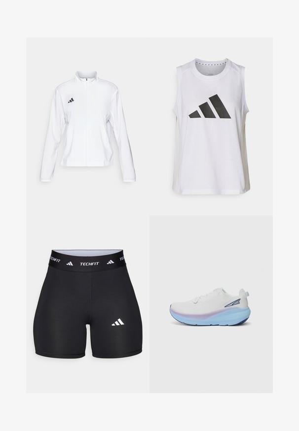 adidas Performance ADIZERO ESSENTIALS - Running jacket - white; White sleeveless athletic top with round neckline, featuring a large black Adidas logo composed of three stripes on the front.; Black shorts made from stretchy fabric with a fitted design. Features a wide black waistband labeled "TECHFIT" and a white logo on the leg.; White running shoe with a textured upper, featuring a gradient sole in blue and purple hues, and a small accent logo on the side.