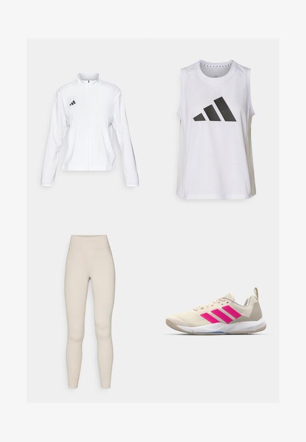 adidas Performance ADIZERO ESSENTIALS - Giacca da running - white; Top atletico bianco senza maniche con scollatura rotonda, caratterizzato da un grande logo Adidas nero composto da tre strisce sul davanti.; Leggings attivi beige con vita alta, texture liscia e design aderente. Presentano cuciture minime e nessun marchio visibile.; Scarpa sportiva beige con logo a tre strisce rosa, tomaia in rete testurizzata, collo imbottito e suola in gomma bianca, con il marchio "LIGHTSTRIKE".