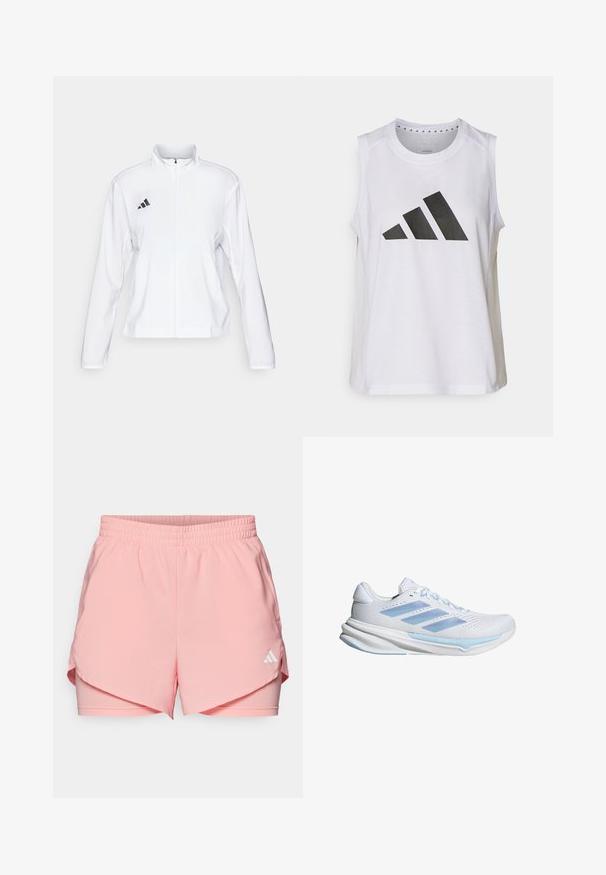 adidas Performance ADIZERO ESSENTIALS - Juoksutakki - white; Valkoinen hihaton urheilupaita, jossa on pyöreä kaula-aukko. Edessä on suuri musta Adidas-logo, joka koostuu kolmesta raidasta.; adidas Performance W MIN 2IN1 SHO - Urheilushortsit - semi pink spark; Valkoiset juoksukengät, joissa on vaaleansiniset yksityiskohdat, hengittävä verkko-osa, kolmiraitainen muotoilu, pehmustettu pohja ja teksturoitu pito-ulkopohja.