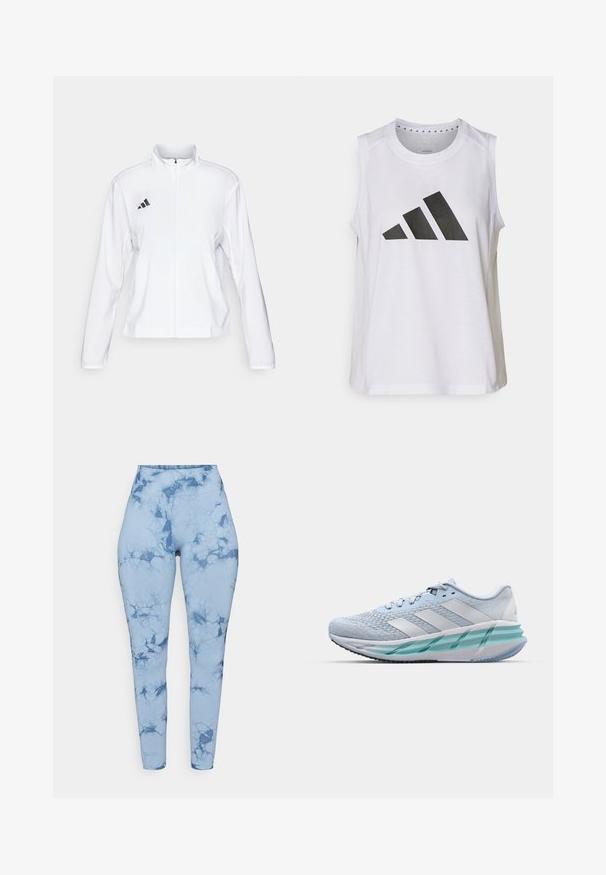 adidas Performance ADIZERO ESSENTIALS - Běžecká bunda - white; Bílý sportovní top bez rukávů s kulatým výstřihem, na přední straně s velkým černým logem Adidas složeným ze tří pruhů.; Legíny s modrým mramorovým vzorem a vysokým pasem, vyrobené z elastické tkaniny, která má hladkou texturu a přiléhavý střih.; Světlomodré sportovní boty s texturovaným pleteným svrškem, bílými akcenty a průhledným zeleným mezipodešví. Oválná špička a polstrovaný límec.
