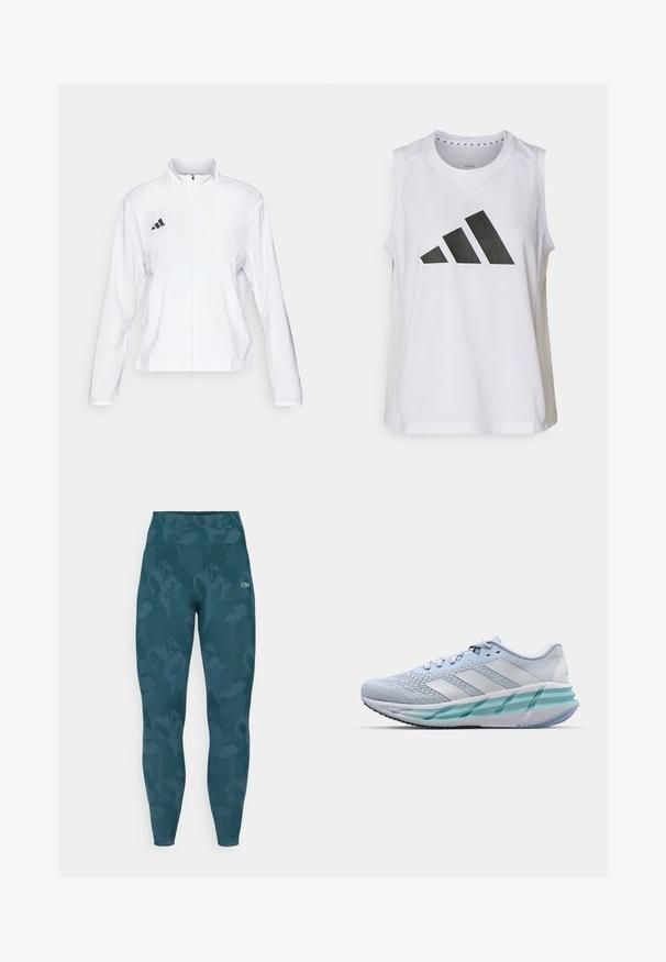 adidas Performance ADIZERO ESSENTIALS - Runningjack - white; Witte sporttop zonder mouwen met ronde halslijn, voorzien van een groot zwart Adidas-logo bestaande uit drie strepen op de voorkant.; Hooggeribbelde leggings in een donkere teal kleur met een subtiel camouflagemotief, gemaakt van rekbare stof met een zachte textuur.; Lichtblauwe sportschoenen met een gestructureerde breitbovenkant, witte accenten en een doorzichtige groene tussenzool. Ronde neus en gevoerde kraag.