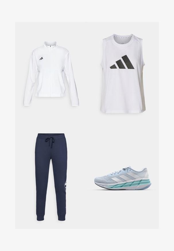 adidas Performance ADIZERO ESSENTIALS - Running jacket - white; White sleeveless athletic top with round neckline, featuring a large black Adidas logo composed of three stripes on the front.; Navy blue sweatpants made from soft material, featuring a drawstring waist, tapered legs, and a prominent white logo detail on the side.; Light blue athletic shoes with a textured knit upper, white accents, and a transparent green midsole. Rounded toe and padded collar.