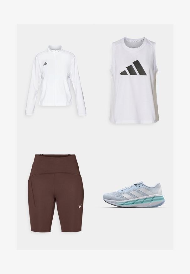 adidas Performance ADIZERO ESSENTIALS - Chaqueta de running - white; Top atlético blanco sin mangas con escote redondo, que presenta un gran logo de Adidas en negro compuesto por tres franjas en la parte frontal.; Pantalones cortos deportivos marrones hechos de una tela elástica, con una cintura alta, ajuste ceñido, un bolsillo lateral y un pequeño logo en la parte inferior de la pierna.; Zapatillas deportivas azul claro con un upper de punto texturizado, acentos blancos y una suela intermedia verde transparente. Punta redondeada y cuello acolchado.