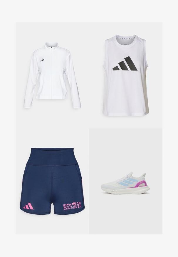 adidas Performance ADIZERO ESSENTIALS - Runningjack - white; Witte sporttop zonder mouwen met ronde halslijn, voorzien van een groot zwart Adidas-logo bestaande uit drie strepen op de voorkant.; adidas Performance BER25 SHORT THIGHTS - Korte hardlooplegging - collegiate navy; adidas Performance PUREBOOST 5 - Hardloopschoenen voor op de weg - white/glow blue/purple burst