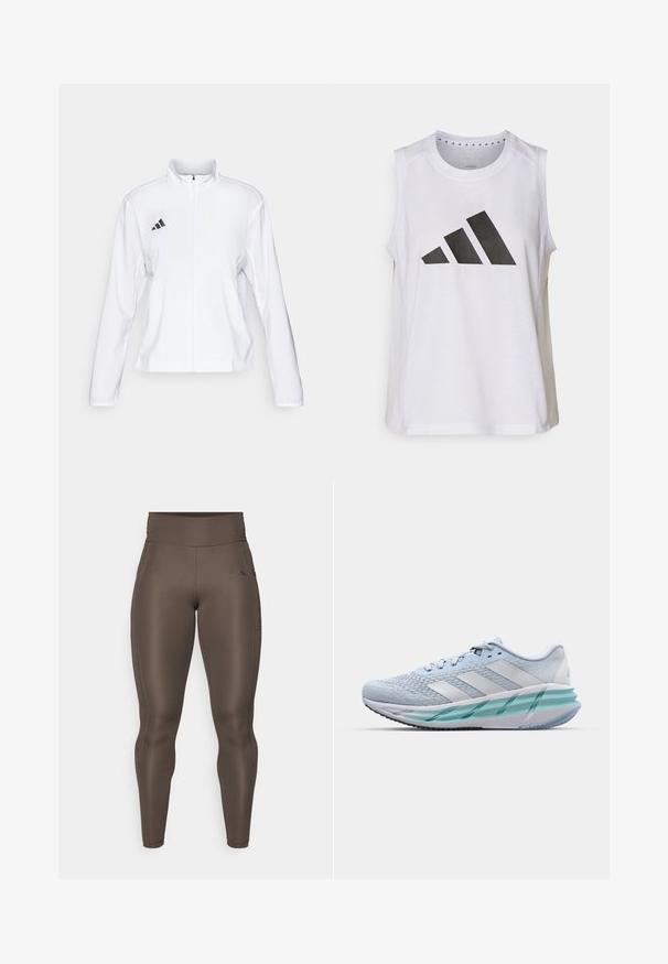 adidas Performance ADIZERO ESSENTIALS - Running jacket - white; White sleeveless athletic top with round neckline, featuring a large black Adidas logo composed of three stripes on the front.; Brown athletic leggings with a high waist, smooth texture, side pocket, and subtle logo detail. Form-fitting design for comfort and movement.; Light blue athletic shoes with a textured knit upper, white accents, and a transparent green midsole. Rounded toe and padded collar.