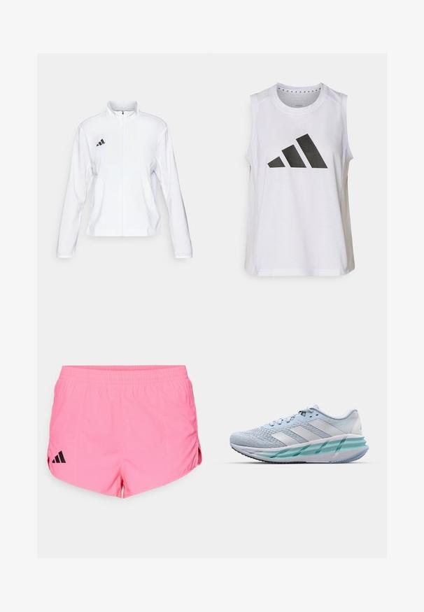 adidas Performance ADIZERO ESSENTIALS - Běžecká bunda - white; Bílý sportovní top bez rukávů s kulatým výstřihem, na přední straně s velkým černým logem Adidas složeným ze tří pruhů.; Světle růžové sportovní šortky s černým logem Adidas na levé straně, vybavené elastickým páskem a bočními rozparky pro větší flexibilitu.; Světlomodré sportovní boty s texturovaným pleteným svrškem, bílými akcenty a průhledným zeleným mezipodešví. Oválná špička a polstrovaný límec.