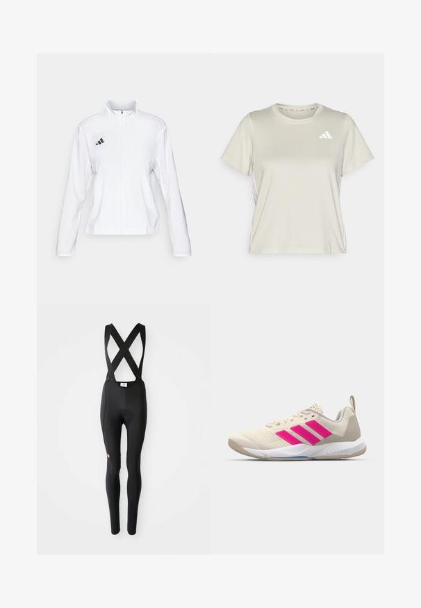 adidas Performance ADIZERO ESSENTIALS - Běžecká bunda - white; adidas Performance TRAIN ESSENTIALS 3STRIPES WORKOUT - Sportovní tričko - alumina/white; Černé cyklistické šle s polstrovaným sedákem a překříženými ramínky, vystavené na bílém pozadí.; Béžová sportovní obuv s růžovým logem tří pruhů, texturovaným síťovaným svrškem, polstrovaným límcem a bílou gumovou podešví, s označením "LIGHTSTRIKE".