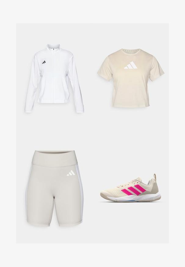 adidas Performance ADIZERO ESSENTIALS - Běžecká bunda - white; Beige tričko s krátkými rukávy vyrobené z měkké tkaniny, s výrazným bílým logem Adidas se třemi pruhy na hrudi. Klasický kulatý výstřih.; Béžové sportovní šortky s vysokým páskem, hladkým povrchem, třemi bílými pruhy po stranách a malým bílým logem na přední straně.; Béžová sportovní obuv s růžovým logem tří pruhů, texturovaným síťovaným svrškem, polstrovaným límcem a bílou gumovou podešví, s označením "LIGHTSTRIKE".