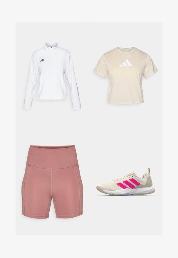 adidas Performance ADIZERO ESSENTIALS - Sportdzseki - white; Beige színű, rövid ujjú póló, puha anyagból készült, amelyen a mellrészen kiemelkedő fehér háromcsíkos Adidas logó található. Klasszikus kerek nyakkivágású.; Under Armour MIDDIE SHORT - Leggingek - maroon mist/dark maroon; Beige sportcipő rózsaszín háromsávos logóval, texturált hálós felső résszel, párnázott nyakkal és fehér gumitalppal, "LIGHTSTRIKE" márkajelzéssel.