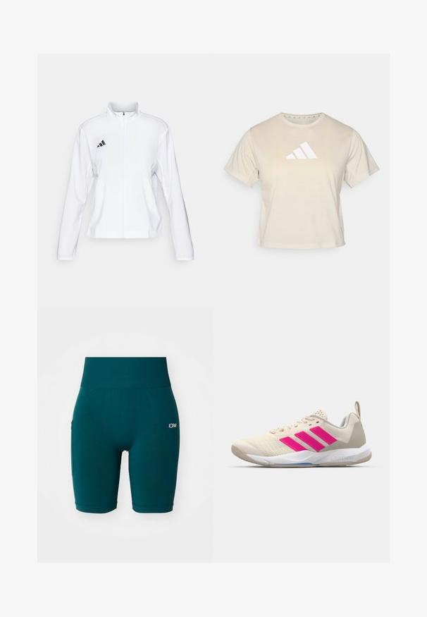 adidas Performance ADIZERO ESSENTIALS - Sportdzseki - white; Beige színű, rövid ujjú póló, puha anyagból készült, amelyen a mellrészen kiemelkedő fehér háromcsíkos Adidas logó található. Klasszikus kerek nyakkivágású.; Tengeri zöld sportos rövidnadrág rugalmas anyagból. Magas derék és oldalsó zseb. Egyszerű dizájn, kicsi fehér logóval az elején.; Beige sportcipő rózsaszín háromsávos logóval, texturált hálós felső résszel, párnázott nyakkal és fehér gumitalppal, "LIGHTSTRIKE" márkajelzéssel.