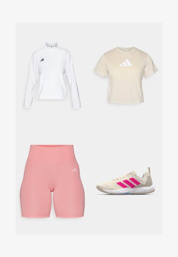 adidas Performance ADIZERO ESSENTIALS - Bežecká bunda - white; Béžové tričko s krátkym rukávom vyrobené z mäkkej látky, s výrazným bielym logom Adidas s tromi prúžkami na hrudi. Klasický okrúhly výstrih.; adidas Performance Legíny - semi pink spark; Béžová atletická obuv s ružovým logom trojpruhov, textúrovaný sieťový zvršok, polstrovaný golier a biela gumová podrážka s označením "LIGHTSTRIKE".