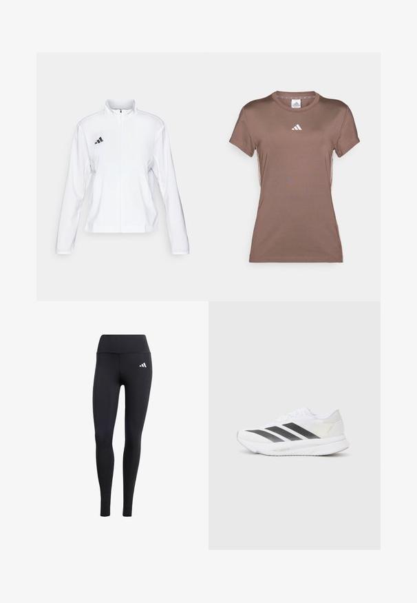 adidas Performance ADIZERO ESSENTIALS - Športna jakna - white; adidas Performance Športne majice - earth strata/white; Črne legice iz raztegljivega materiala, z visokim pasom in malim belim logotipom, z gladkim, mat zaključkom.; Bela atletska čevlja z črnimi diagonali, mrežastim zgornjim delom, zaobljenim nosom in teksturirano podplatom. Dodatki vključujejo srebrno peto in minimalističen dizajn.
