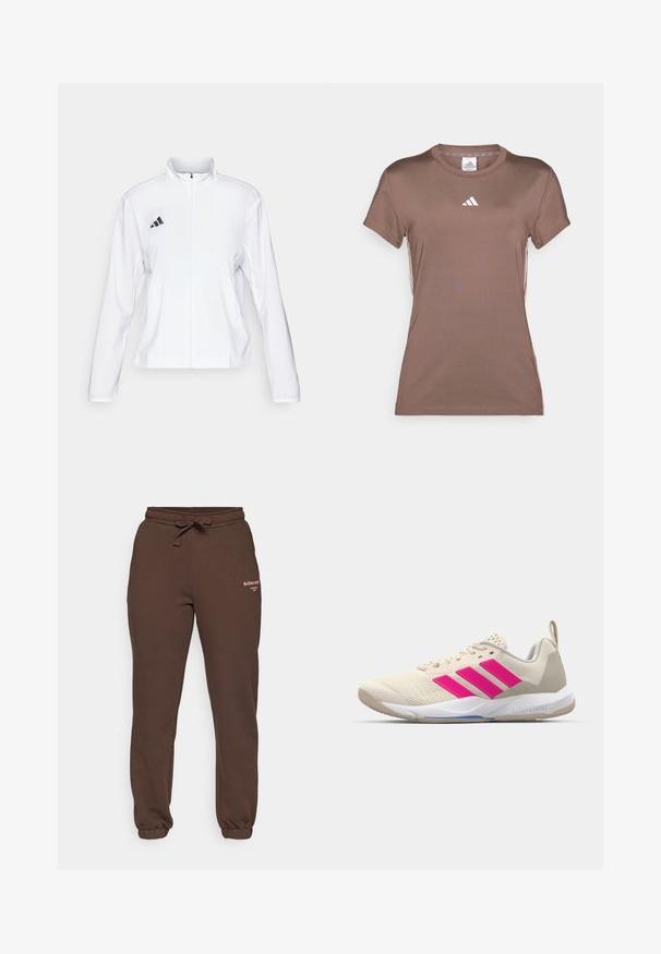 adidas Performance ADIZERO ESSENTIALS - Sportdzseki - white; adidas Performance Sportfelső - earth strata/white; Björn Borg ESSENTIAL PANTS - Tréningruha alsók - demitasse; Beige sportcipő rózsaszín háromsávos logóval, texturált hálós felső résszel, párnázott nyakkal és fehér gumitalppal, "LIGHTSTRIKE" márkajelzéssel.
