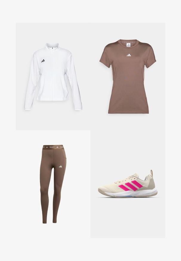 adidas Performance ADIZERO ESSENTIALS - Runningjack - white; adidas Performance Sport T-shirt - earth strata/white; Bruine sportlegging gemaakt van rekbaar materiaal. Heeft een wit logo op het linkerkuit en een merkband. Soepele textuur en smalle pasvorm.; Beige sportshoe met een roze drie-strepen logo, een textuur-mesh bovenkant, een gevoerde kraag en een witte rubberen zool, met "LIGHTSTRIKE" branding.