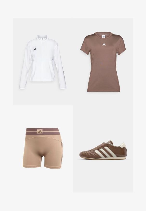 adidas Performance ADIZERO ESSENTIALS - Runningjack - white; adidas Performance Sport T-shirt - earth strata/white; adidas Performance HYPERGLAM - Tights - chalky brown earth strata; adidas Originals TAEKWONDO - Instappers - preloved brown/off white
