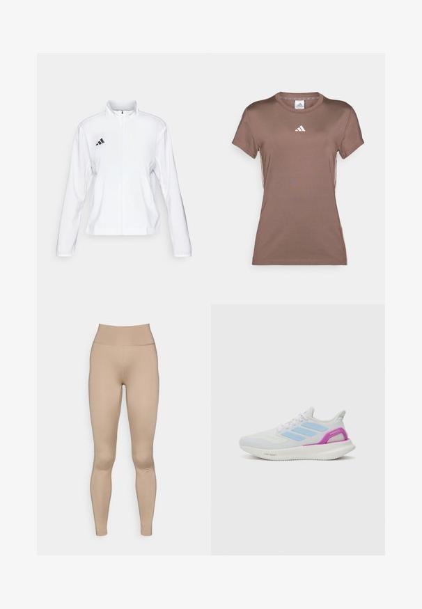 adidas Performance ADIZERO ESSENTIALS - Löparjacka - white; adidas Performance T-shirt till träning - earth strata/white; Ljusbeiga leggings med hög midja, tillverkade av mjukt, elastiskt material, utan synliga sömmar eller mönster.; adidas Performance PUREBOOST 5 - Väglöparskor - white/glow blue/purple burst