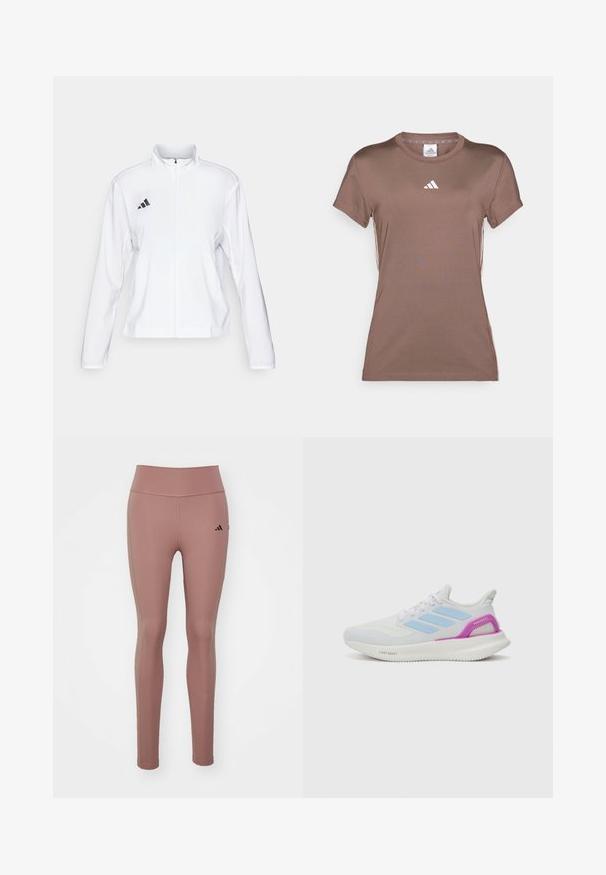 adidas Performance ADIZERO ESSENTIALS - Runningjack - white; adidas Performance Sport T-shirt - earth strata/white; Roze sportlegging gemaakt van elastische stof. Hoog taille ontwerp met een gladde textuur en een klein zwart logo op de linkse heup.; adidas Performance PUREBOOST 5 - Hardloopschoenen voor op de weg - white/glow blue/purple burst