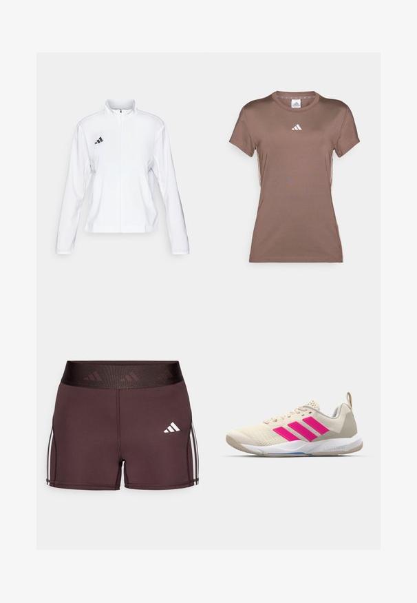 adidas Performance ADIZERO ESSENTIALS - Veste de running - white; adidas Performance T-shirt de sport - earth strata/white; Shorts de sport bordeaux avec une taille haute arborant un logo et des rayures blanches sur les côtés. Fabriqués en tissu lisse et extensible pour plus de confort.; Baskets de sport beiges avec un logo à trois bandes roses, tige en maille texturée, col rembourré et semelle en caoutchouc blanc, arborant le marquage "LIGHTSTRIKE".