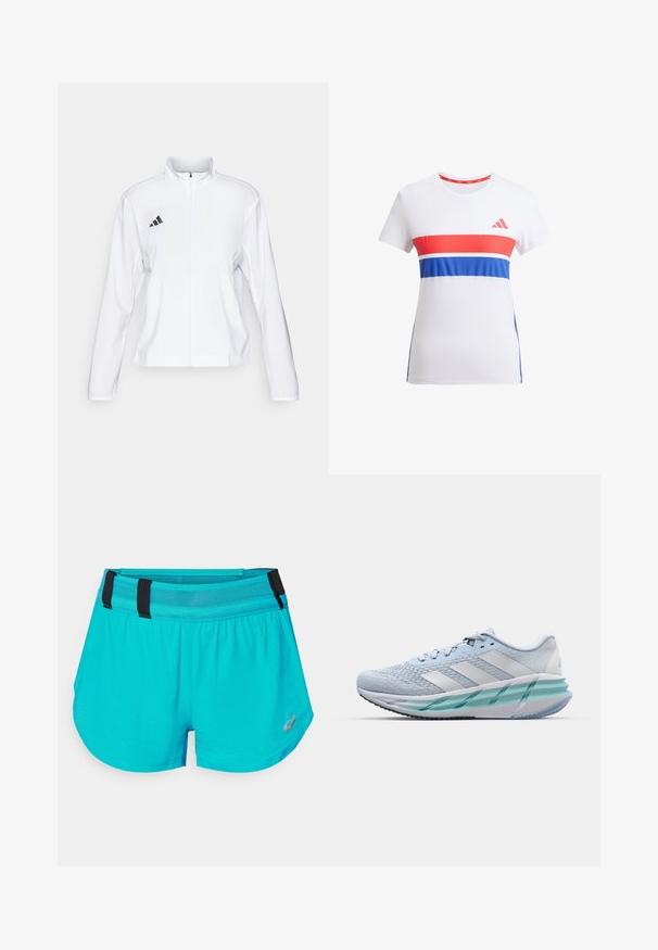 adidas Performance ADIZERO ESSENTIALS - Running jacket - white; White athletic t-shirt featuring red and blue horizontal stripes, round neckline, short sleeves, and a logo on the chest.; ASICS METARUN SPLIT SHORT - Sports shorts - wave teal; Light blue athletic shoes with a textured knit upper, white accents, and a transparent green midsole. Rounded toe and padded collar.