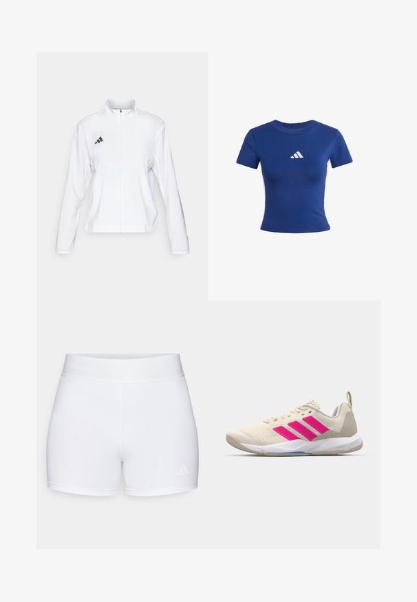 adidas Performance ADIZERO ESSENTIALS - Runningjack - white; Blauwe katoenen T-shirt met korte mouwen, voorzien van een wit Adidas-logo op de borst en contrasterende witte zijpanelen.; Witte sportshorts van een gladde stof, met een elastische tailleband die is voorzien van een reliëflogo en een minimalistisch ontwerp.; Beige sportshoe met een roze drie-strepen logo, een textuur-mesh bovenkant, een gevoerde kraag en een witte rubberen zool, met "LIGHTSTRIKE" branding.