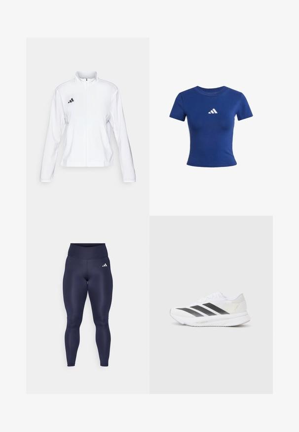 adidas Performance ADIZERO ESSENTIALS - Veste de running - white; T-shirt en coton bleu avec des manches courtes, présentant un logo blanc Adidas sur la poitrine et des panneaux latéraux blancs contrastants.; adidas Performance Leggings - legend ink; Chaussure de sport blanche avec des rayures noires en diagonale, tige en maille, bout arrondi et semelle texturée. Les accents comprennent un talon argenté et un design minimaliste.