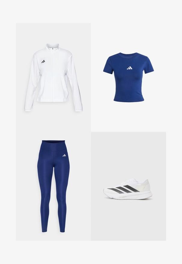 adidas Performance ADIZERO ESSENTIALS - Runningjack - white; Blauwe katoenen T-shirt met korte mouwen, voorzien van een wit Adidas-logo op de borst en contrasterende witte zijpanelen.; Marineblauwe leggings van rekbaar materiaal met een hoge tailleband. Bevat een wit Adidas-logo op de voorkant van de linker dij.; Witte sportschoen met zwarte diagonale strepen, bovenwerk van gaas, ronde neus en gestructureerde zool. Accenten zijn onder andere een zilveren hak en een minimalistisch ontwerp.