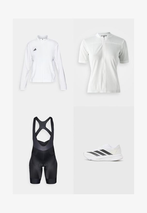 adidas Performance ADIZERO ESSENTIALS - Jachetă sport - white; Tricou de ciclism alb cu mâneci scurte, fermoar pe față, material texturat și branding subtil pe piept. Design ușor și respirabil.; Bermude de ciclism negre cu un design ajustat, partea superioară texturată și zona de șezut căptușită. Au bretele în cruce și nu prezintă logo-uri vizibile.; Săptămână albă de sport cu dungi diagonale negre, partea superioară din plasă, vârf rotunjit și talpă texturată. Accentele includ un toc argintiu și un design minimalism.