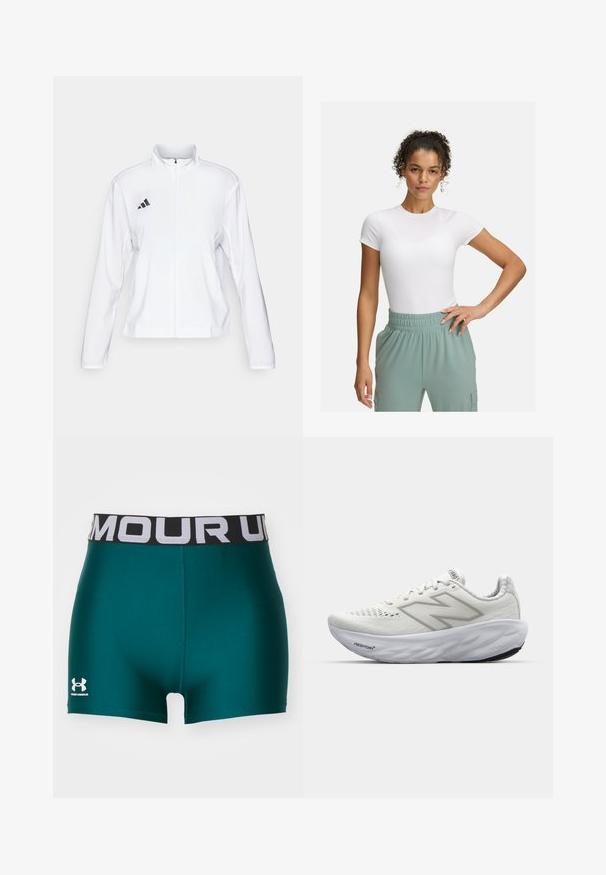 adidas Performance ADIZERO ESSENTIALS - Laufjacke - white; Weißes, körpernahes T-Shirt mit kurzen Ärmeln, kombiniert mit hellgrünen Hosen mit elastischem Bund. Glatte Textur, minimalistisches Design und keine sichtbaren Muster.; Under Armour HEATGEAR SHORTY - Tights - hydro teal/white; Weiße Sportschuhe mit einem Mesh-Obermaterial, einem gepolsterten Kragen, einer strukturierten Sohle und der "Fresh Foam"-Markierung in der Zwischensohle.
