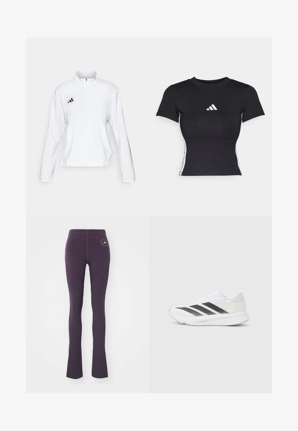 adidas Performance ADIZERO ESSENTIALS - Športna jakna - white; Črna prilegajoča majica s kratkimi rokavi, izdelana iz gladkega materiala. Na prsih ima belo adidasovo logo in bele črte po straneh.; Visoko pasni temno vijolični leggingi z rebrasto podrobnostjo na kolenu in majhnim krožnim logotipom na zgornji levi stegni.; Bela atletska čevlja z črnimi diagonali, mrežastim zgornjim delom, zaobljenim nosom in teksturirano podplatom. Dodatki vključujejo srebrno peto in minimalističen dizajn.