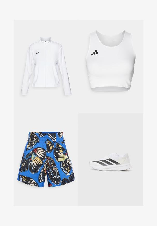 adidas Performance ADIZERO ESSENTIALS - Spordijope - white; Valge spordipoe crop top sileda kangaga, ümmarguse kaelusega ja musta logo aktsendiga vasakul küljel.; Sinised lühikesed püksid, millel on musta, kollase ja punase liblikakujutise trükk. Elastne vöökoht ja küljetaskud, valmistatud kerge kangaga.; Valged sportlikud jalanõud mustade diagonaalsete triipudega, võrkkattega, ümarate varvastega ja tekstuurse tallaga. Aktsentideks on hõbedane kand ja minimalistlik disain.
