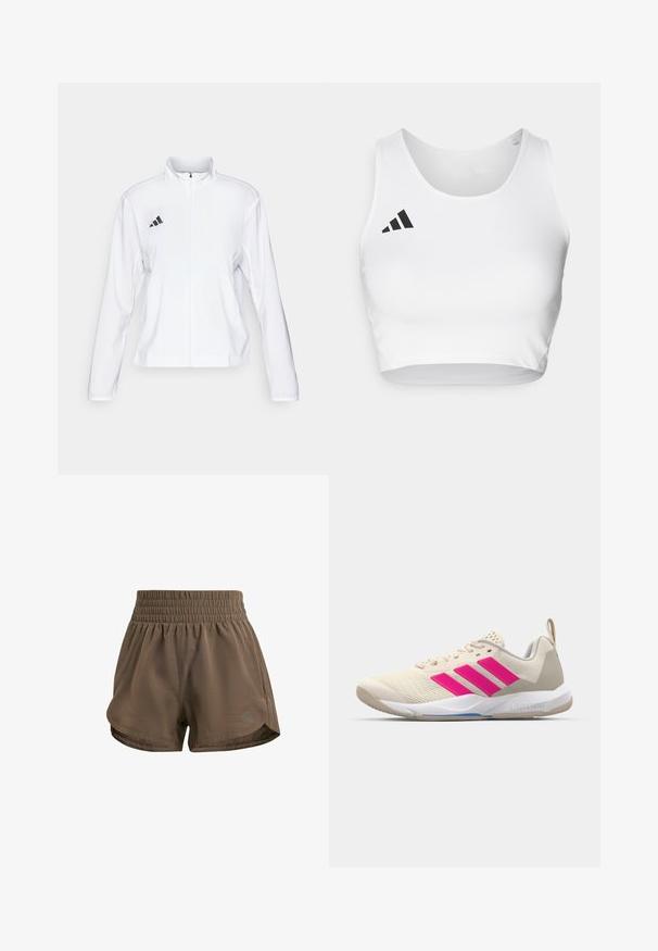 adidas Performance ADIZERO ESSENTIALS - Striukė bėgimui - white; Baltas sportinis trumpas viršus, pagamintas iš lygaus audinio, su apvaliu iškirpimu ir juodu logotipo akcentu kairėje pusėje.; Rudi sportiniai šortai su elastinga juosmens linija, pasižymintys laisvu siluetu, šoninėmis įpjovomis ir subtiliu prekės ženklu apatinėje kampe.; Bežiniai sportiniai bateliai su rožinėmis trimis juostomis, tekstūruota tinklelio viršutinė dalis, paminkštinta apykaklė ir balta guma neslystančia padu, turintys "LIGHTSTRIKE" prekės ženklą.