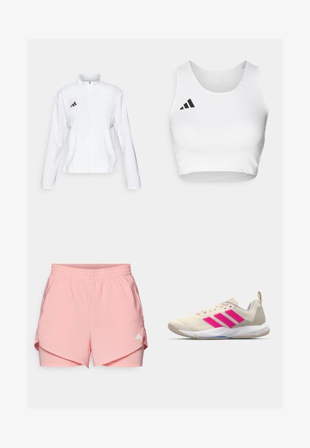 adidas Performance ADIZERO ESSENTIALS - Laufjacke - white; Weißes Sport-Crop-Top aus glattem Material, mit Rundhalsausschnitt und einem schwarzen Logo-Akzent auf der linken Seite.; adidas Performance W MIN 2IN1 SHO - Kurze Sporthose - semi pink spark; Beige Sportsschuh mit pinkem Dreistreifen-Logo, strukturiertem Mesh-Obermaterial, gepolstertem Schaft und weißer Gummisohle, mit "LIGHTSTRIKE"-Branding.
