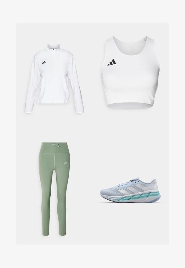 adidas Performance ADIZERO ESSENTIALS - Giacca da running - white; Crop top sportivo bianco realizzato in tessuto morbido, con scollatura rotonda e un logo nero accentato sul lato sinistro.; Leggings verdi elasticizzati con un'alta vita, caratterizzati da un dettaglio in fiocco decorativo e un piccolo logo bianco sul lato sinistro.; Scarpe da ginnastica azzurro chiaro con tomaia in maglia testurizzata, accenti bianchi e suola intermedia verde trasparente. Punta rotonda e colletto imbottito.