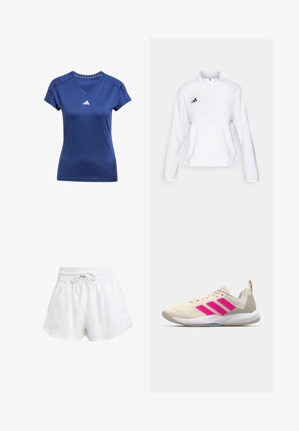 adidas Performance ADIZERO ESSENTIALS - Chaqueta de running - white; Camiseta deportiva azul marino con cuello en V, mangas cortas y un logo blanco en el pecho. Presenta acentos triangulares a lo largo del cuello.; Pantalones cortos deportivos blancos con cintura elástica y cordón ajustable. Hechos de material ligero, cuentan con bolsillos laterales y un corte holgado.; Zapatilla deportiva beige con logo de tres rayas rosa, parte superior de malla texturizada, cuello acolchado y suela de goma blanca, con la marca "LIGHTSTRIKE".