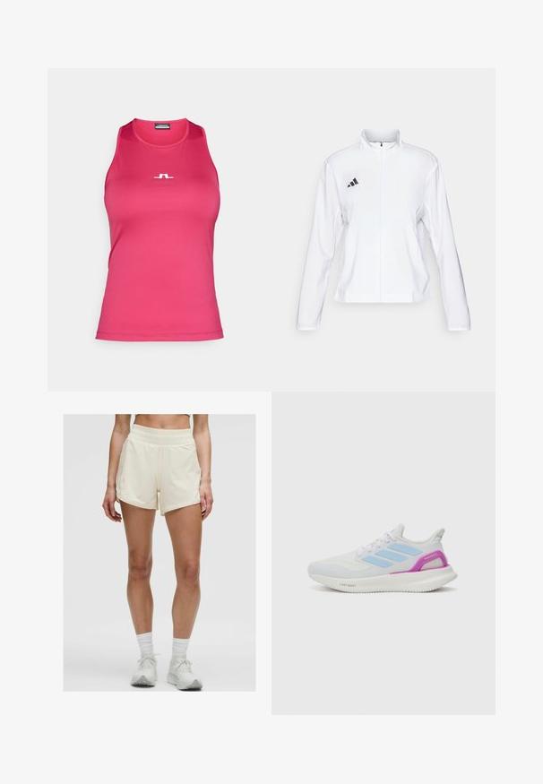 adidas Performance ADIZERO ESSENTIALS - Jachetă sport - white; Top sportiv fără mâneci, de culoare roz aprins, realizat dintr-un material fin. Dispune de un mic logo alb pe față și de un decolteu rotund.; Șorturi sportive de culoare crem, cu un brâu elastic și buzunare laterale. Materialul pare neted și ușor, potrivit pentru îmbrăcăminte activă.; adidas Performance PUREBOOST 5 - Pantofi de alergare pe asfalt - white/glow blue/purple burst