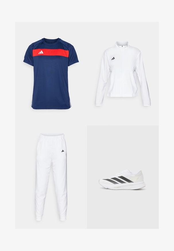 adidas Performance ADIZERO ESSENTIALS - Športna jakna - white; Temno modra atletska majica z vodoravno rdečo črto čez prsi in tremi belimi črtami na rokavih. Material je gladek in lahek.; Bele športne hlače z elastičnim pasom in manšetami. Imajo stranske žepe in majhen črn logotip na levi stegn. Gladek zaključek tkanine.; Bela atletska čevlja z črnimi diagonali, mrežastim zgornjim delom, zaobljenim nosom in teksturirano podplatom. Dodatki vključujejo srebrno peto in minimalističen dizajn.