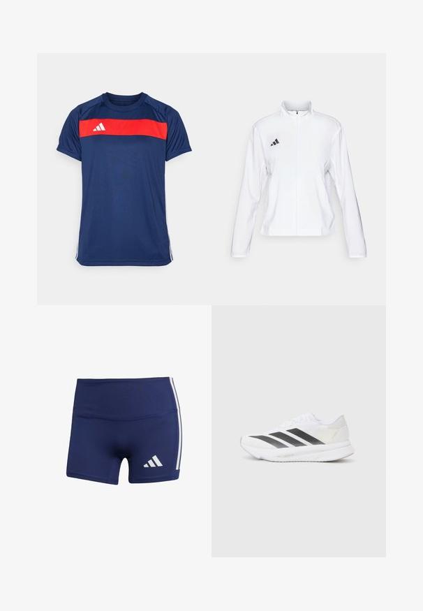 adidas Performance ADIZERO ESSENTIALS - Runningjack - white; Marineblauw sportt-shirt met een horizontale rode streep op de borst en drie witte strepen op de mouwen. Het materiaal is soepel en lichtgewicht.; Donkerblauwe sportshorts met een strakke pasvorm, gemaakt van gladde stof, met witte zijstrepen en een logo op de linkeronderzijde.; Witte sportschoen met zwarte diagonale strepen, bovenwerk van gaas, ronde neus en gestructureerde zool. Accenten zijn onder andere een zilveren hak en een minimalistisch ontwerp.
